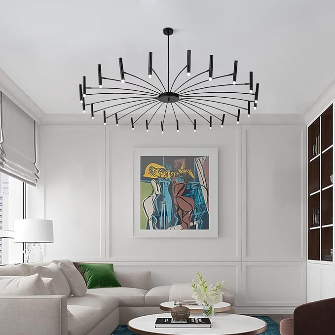 KCO Lighting 24 Lights Black Metal Sputnik Chandelier Mid Century Modern Flush Mount Ceiling Light Fixture Farmhouse Vintage Kitchen Island Sputnik Chandelier Lighting (24-Light)