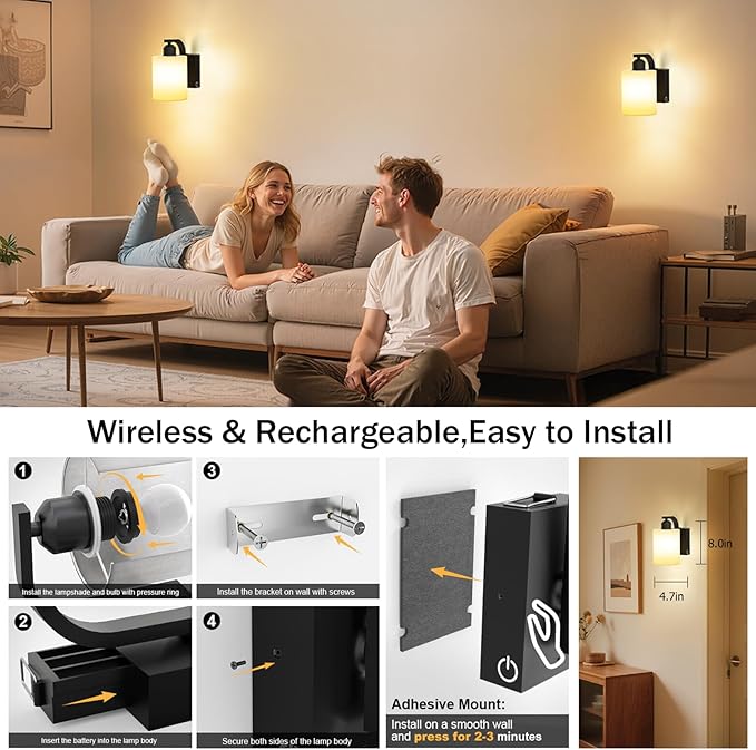 Wall Sconce Battery Operated Set of 2, 6000mAh Rechargeable Wall Lights with Touch Control and Remote Control, Wireless Wall Lamps for Bedroom, Black Sconces Wall Decor for Living Room Hallway