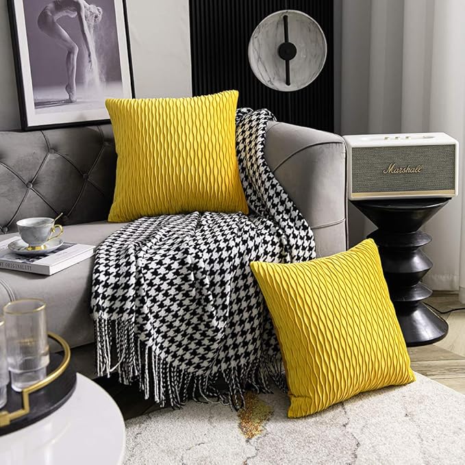 Mustard Yellow Couch Pillow Covers: 2 Pack 20x20 Inch Original Striped Velvet Square Throw Pillow Cases for Farmhouse Home Decor