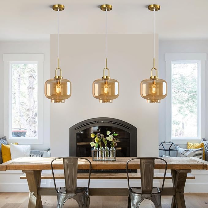 Cognac Glass Pendant Lights Kitchen Island Gold Pendant Light Fixtures Adjustable Height Modern Pendant Lighting for Bedroom Dining Room (9.06 in 1-Pack)