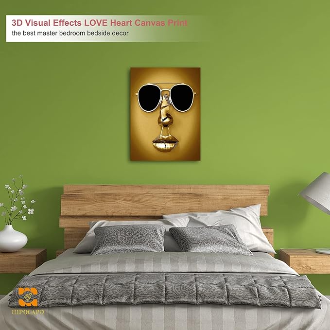 3D Metal Effect Wall Art - 3D Wall Art Decor Artwork Wear Sunglasses Golden Figure Statue Modern Art Canvas Painting, Large Wall Art for Bedroom Dercorations Framed 18”x24”x1Pcs