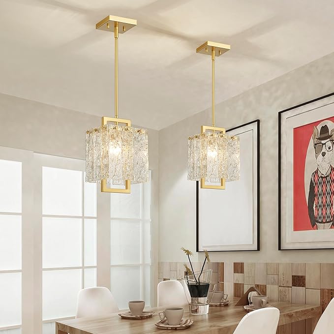 Shrine Lighting Gold Chandeliers, Modern Glass Pendnat Light for Dining Room, D6.3''×H19.5'', Adjustable 50.8'', 1 x E12 Sockets, Glass LampShade & Gold Finish Frame