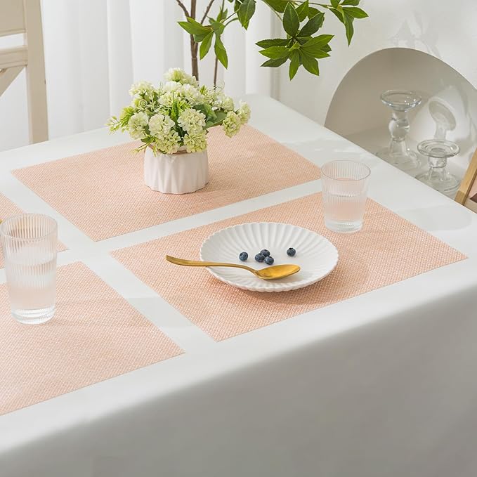 BACKTOEDEN Placemats Set of 8 Heat Resistant Washable Wipeable Placemat Woven Non-Slip Foldable Vinyl/Plastic Place Mats Indoor/Outdoor Mat Kitchen Dining Table Pad, Bright Silk Pink