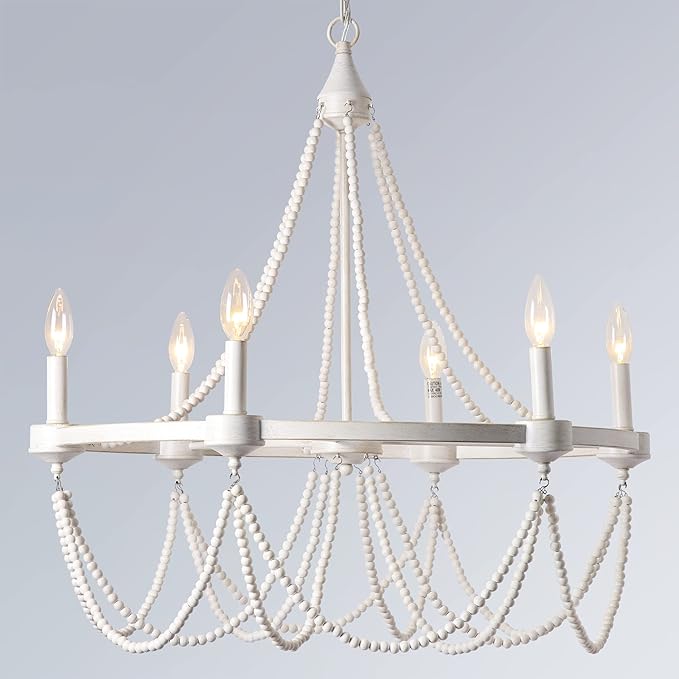 COCOSTAR 28 Inch White Beaded Chandelier Bohemian Style, 6-Light Retro Wood Country Chandelier, Farmhouse Chandeliers for Dining Room, White with Gold, (Bulb Not Included)