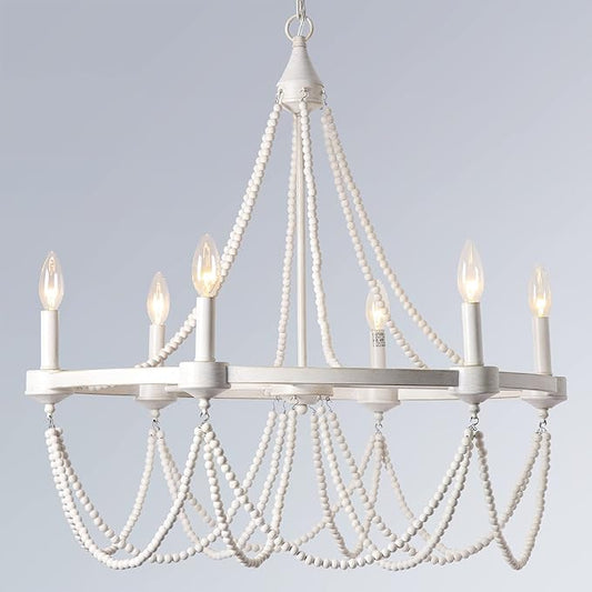COCOSTAR 28 Inch White Beaded Chandelier Bohemian Style, 6-Light Retro Wood Country Chandelier, Farmhouse Chandeliers for Dining Room, White with Gold, (Bulb Not Included)