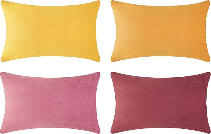 MONDAY MOOSE Decorative Throw Pillow Covers Cushion Cases, Set of 4 Soft Velvet Modern Designs, Mix and Match for Home Decor, Pillow Inserts Not Included (12x20 inch, Yellow/Pink)