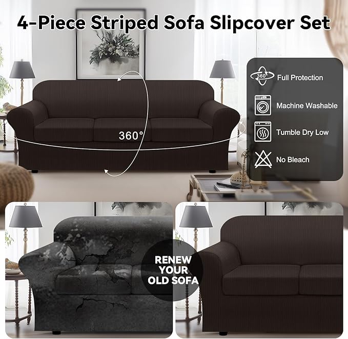 100% Waterproof Extra Large Couch Cover 4-Piece Set Striped Sofa Slipcovers for 3 Cushion Couch Covers with TPU Leakproof Bottom Stretch Protector Pet Proof - Sofa(3-Cushion), Coffee