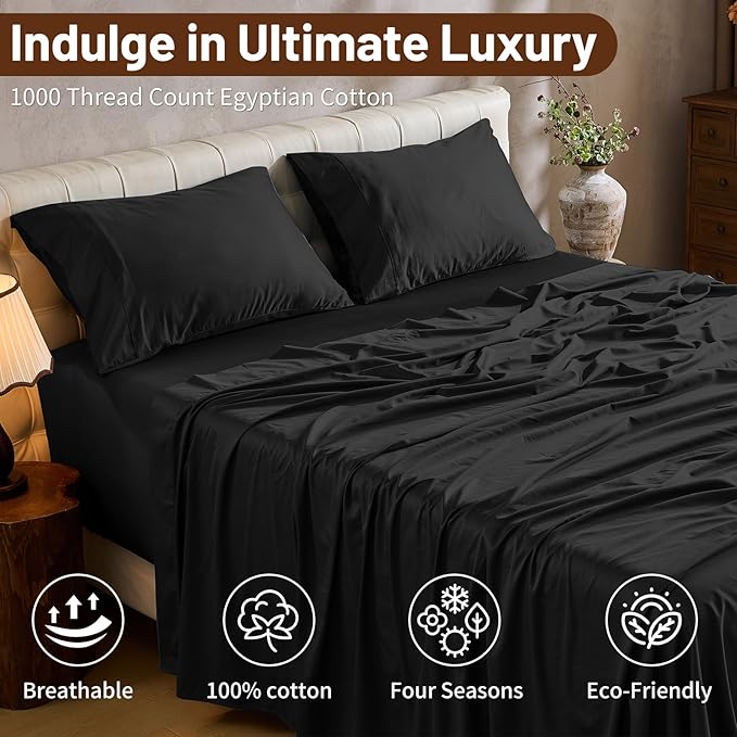 MEISHANG Extra Deep Pocket Cotton Sheets Queen Size - 100% Egyptian Cotton 1000 Thread Count - Fits 18"-24" in Deep Mattress,Oeko-Tex Certified, Soft & Breathable - 4 Piece (Queen, Black)