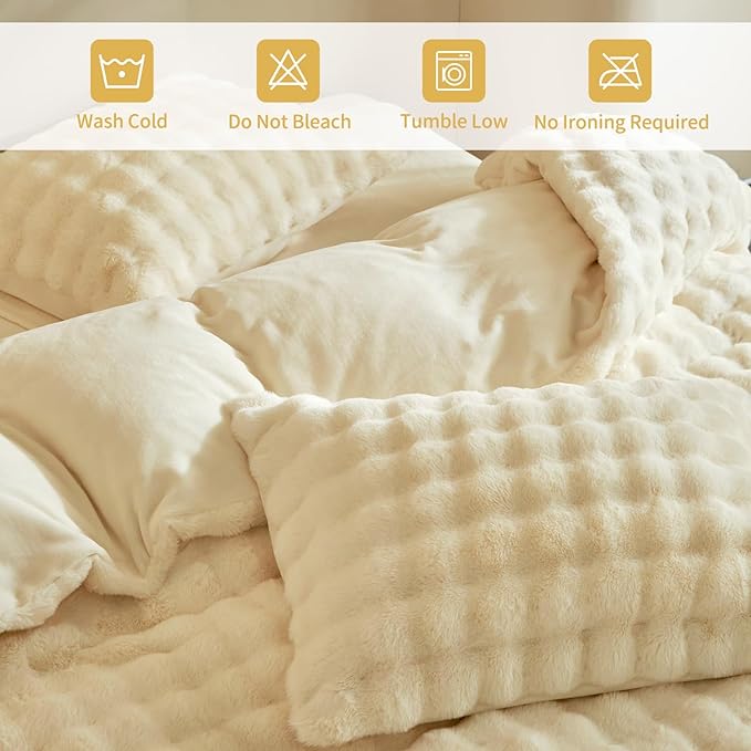 Tokokimo Beige Fluffy Duvet Cover King Size, Faux Rabbit Fur Comforter Cover King Set 3 Pieces (1 Shaggy Duvet Cover+2 Pillowcases) Fuzzy Bedding Set (Beige, King)