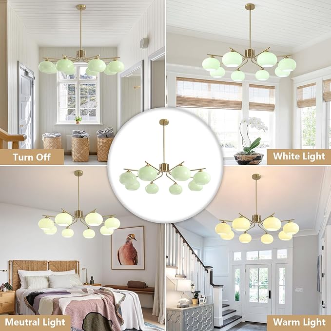 KCO Lighting 8 Lights Green Glass Chandelier Mid Century Modern Globe Chandelier Brass Gold Sputnik Chandelier Light Fixture Green Sputnik Ceiling Light for Dining Room Living Room