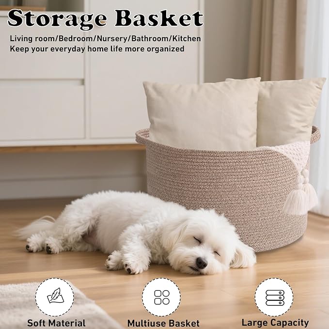 Large Blanket Basket for Organizing,65L Closet Organizers and Storage Bins Box for Shelves Woven Rope Storage Baskets,Living Room,Bedroom,Dorm,Laundry room (Brown)