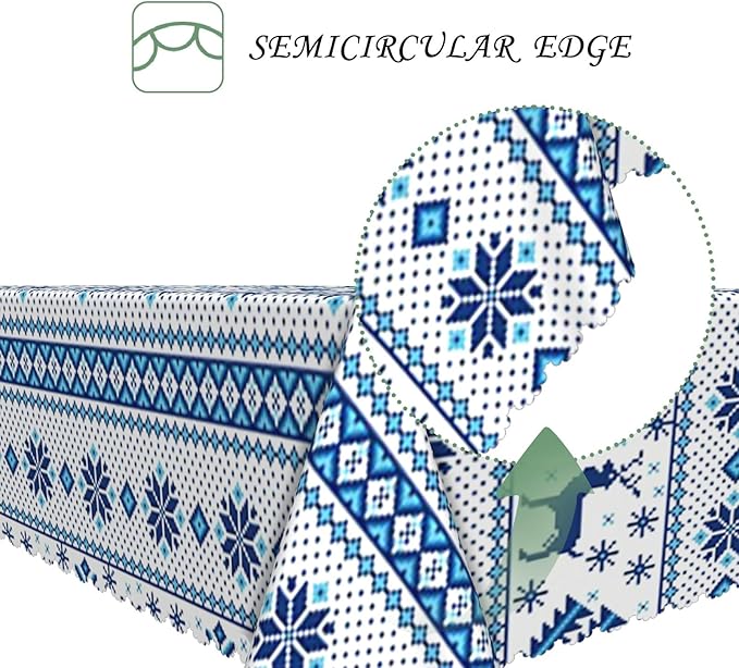 60x84 Inch Christmas Rectangle Tablecloth Winter Holiday Vintage Snowflake Blue White Table Cloth Washable Durable Table Cover for Kitchen Dining Banquet Ugly Christmas Sweater Party Decor