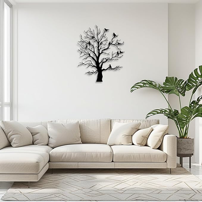 LIYOUYA Tree Bird Metal Wall Decor - Rustic Farmhouse Room Decor Simple Black Wall Art Home Decor for Living Room, Bedroom, Dining Room, Courtyard (Black)