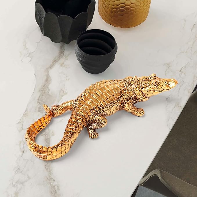 HAUCOZE Crocodile Sculpture Statue Animal Figurine Geometric Decor Polyresin Gold 14 inch