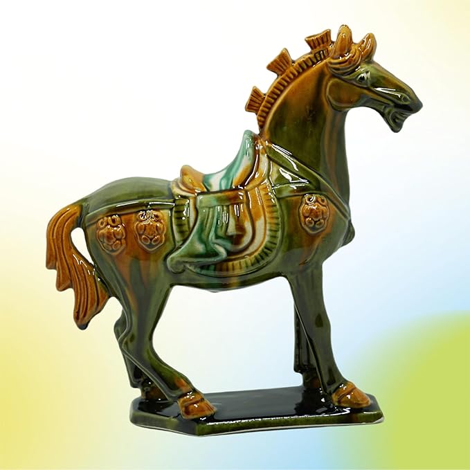 Handmade -Tang Dynasty Tri-Color Horse Sculpture Ceramic Horse-19cm Cultural Art Piece for Home,Bookcase or Office Decor (Grass Green)