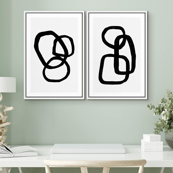 SIGNWIN Framed Canvas Print Wall Art Set Tan White Tropical Geometric Collage Abstract Shapes Cozy Neutral Modern Art Minimal Boho Relax/Calm for Living Room, Bedroom, Office - 24"x36"x2 Black