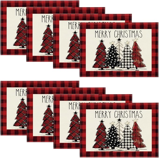 Artoid Mode Red and Black Buffalo Plaid Christmas Trees Placemats Set of 8, 12x18 Inch Winter Table Mats for Outdoor Home Party Kitchen Dining Decor