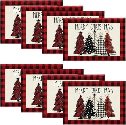 Artoid Mode Red and Black Buffalo Plaid Christmas Trees Placemats Set of 8, 12x18 Inch Winter Table Mats for Outdoor Home Party Kitchen Dining Decor