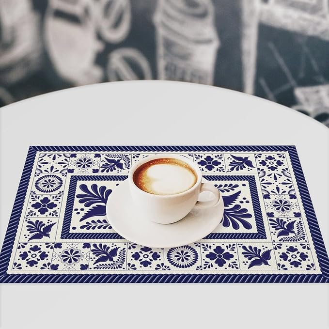 Mexican Placemat Set of 6, 12x18 Inch Rustic Floral Birds Blue Talavera Ceramic Mexico Tiles Dia De Los Muertos Coffee Vintage Table Mats for Outdoor Kitchen Dining Table Decoration
