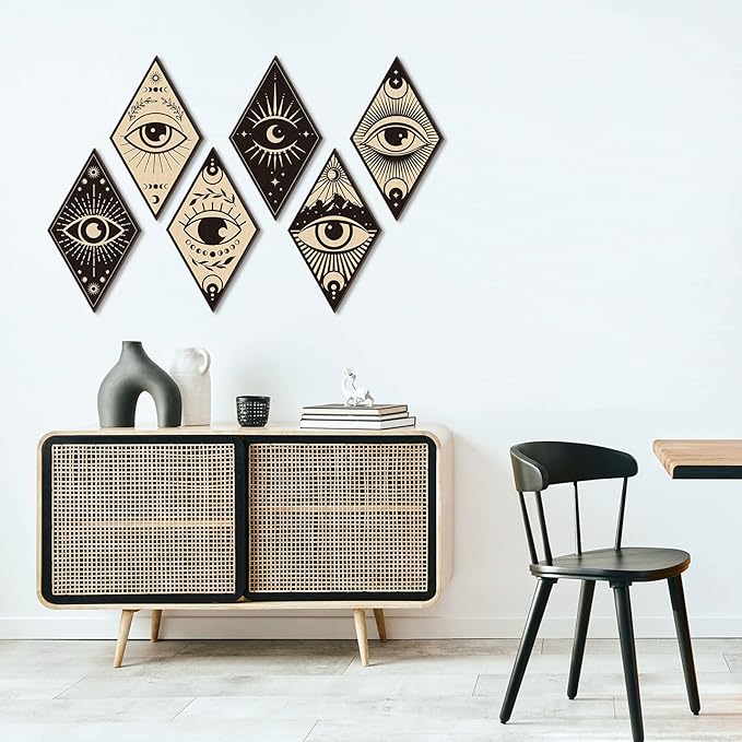 Nuenen 6 Pcs Farmhouse Home Wall Decor Western Geometric Diamond Frame Wall Hanging Boho Modern Abstract Art Prints Wooden Diamond Sign Decorations for Bedroom Living Room Bathroom(Eye Style)