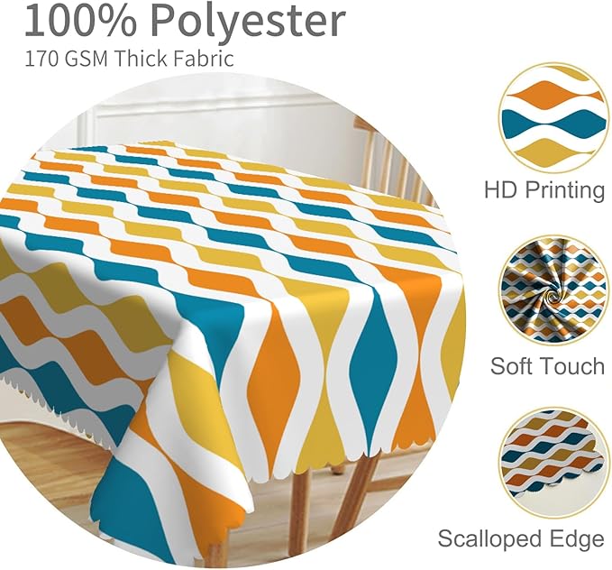 70x140inches Mid Century Tablecloth Orange Yellow Turquoise Geometric Stripes Table Cloth Waterproof Stain Resistant Rectangle Table Cover for Dining Room Home Decor Cafe Indoor Outdoor Use