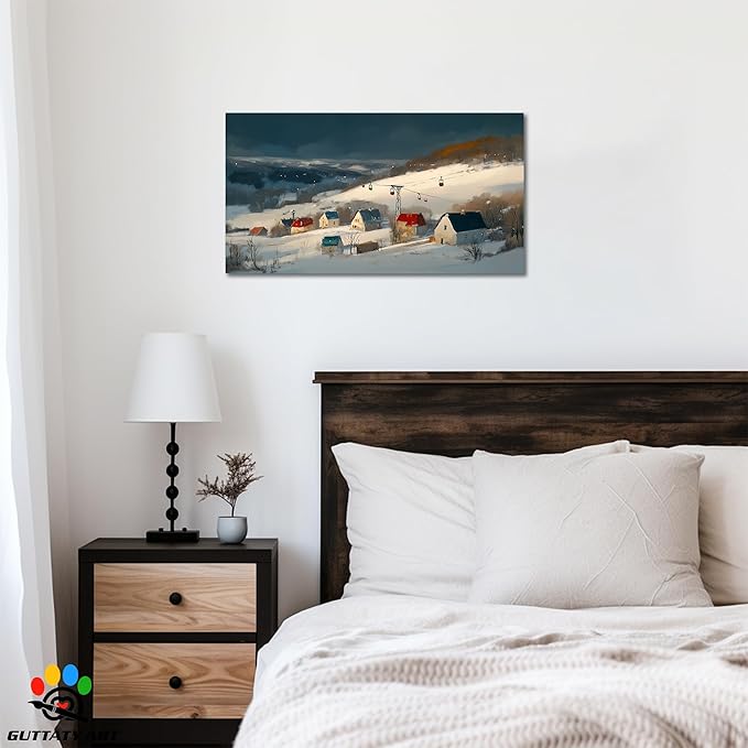 GUTTATY Christmas Winter Scene Canvas Wall Art, Snowy Village Pictures, Cable Car Canvas Prints, Nordic Landscape Painting, Cozy Holiday Wall Decor Poster for Living Room, Bedroom, Office, 16x8 Inch