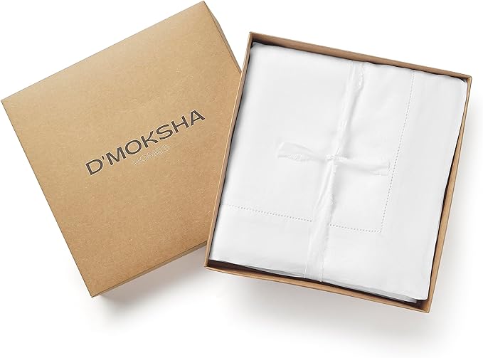 D'Moksha Homes White Linen Tablecloth for Rectangle Tables 60 x 144 Inch - 100% Pure Linen White Table Cloth - Classic Hemstitch, Machine Washable Dining Tablecloth for Thanksgiving, Christmas