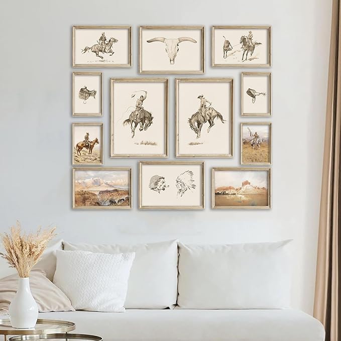 Kizbok Western Deor Vintage Farmhouse Cowboy Western Wall Decor, Retro Southwestern Wall Art Prints Country Cowboy Oil Paintings, Rustic Horse Riders Ranch Southwest Artwork Picture for Gallery Bedroom Bathroom western Home Decor (Set of 12, Unframed)