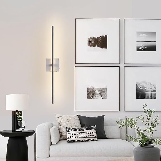 Battery Operated Wall Sconces with Remote Control, Dimmable Wall Sconces Set of Two, 350°Rotate, 3000K LED Nickel Wireless Wall Light for Living Room, Hallway, Bedroom, 32.2 Inch (2 Pack)