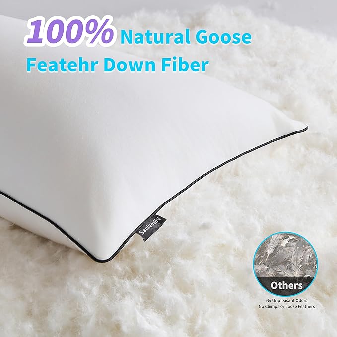 Feather Down Pillow Standard Size Set of 2, 100% Cotton Luxury Hotel Collection Bed Pillows for Sleeping, Down Surrounded Fluffy Soft Medium Firm Pillows for Side Back Stomach Sleepers 20" x 26"