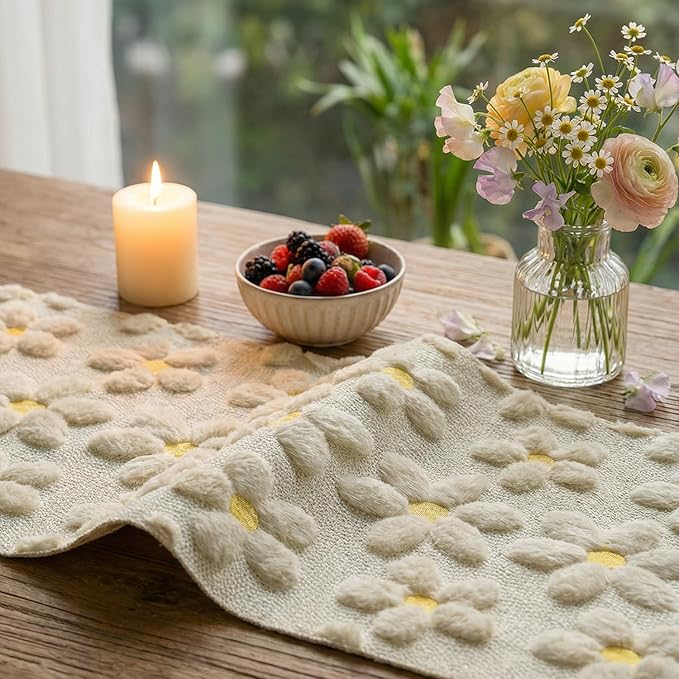 Artoid Mode Beige Soft Plush Faux Fur Jacquard Embroidery Daisy Spring Table Runner, Kitchen Dining Table Decoration for Home Party Decor 13x36 Inch