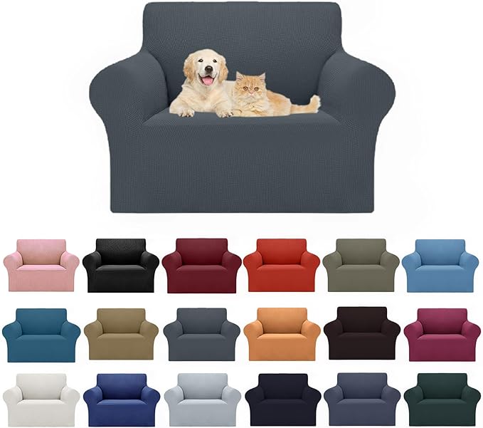 Cupuamon 2025 New Stretch Chair Sofa Slipcovers Couch Cover for 1 Seater Furniture Protector Sofa Covers with Elastic Bottom Jacquard Fabric Small Checks for Pets, Kids - Grey