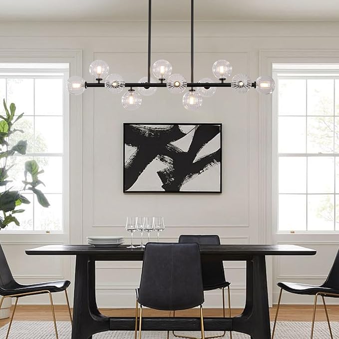 50 Inch Large Sputnik Globe Chandelier, 12-Light Mid Century Modern Light Fixture Over Table, Black Linear Chandeliers for Dining Room Kitchen Island Living (Clear Glass Bubble Shades)