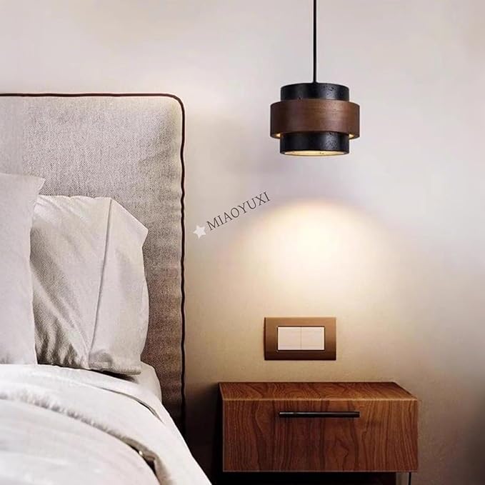 Wabi-Sabi Travertine Stone Wood Chandelier - Japandi Minimalist 1-4-Light Pendant Light for Dining Room, Kitchen Island, Bedroom(Black Travertine,1-Head)
