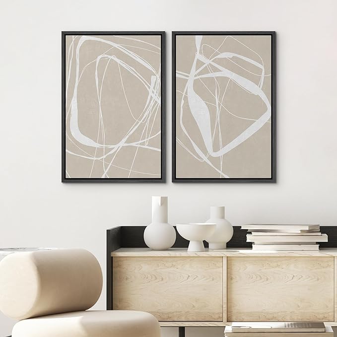 SIGNWIN Framed Canvas Print Wall Art Set Mid-Century Geometric Ring Pattern Abstract Shapes Cozy Neutral Minimalism Decorative Bohemian Relax/Zen for Living Room, Bedroom, Office - 16"x24"x2 Black