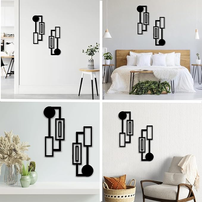 DUOOLN 2 Pcs Black Abstract Metal Wall Art, Minimalist Décor Single Line Art Wall Décor, 3D Textured Modern Geometrical Metal Wall Sculptures, for Living Room Bedroom Bathroom Study Room Home Decor