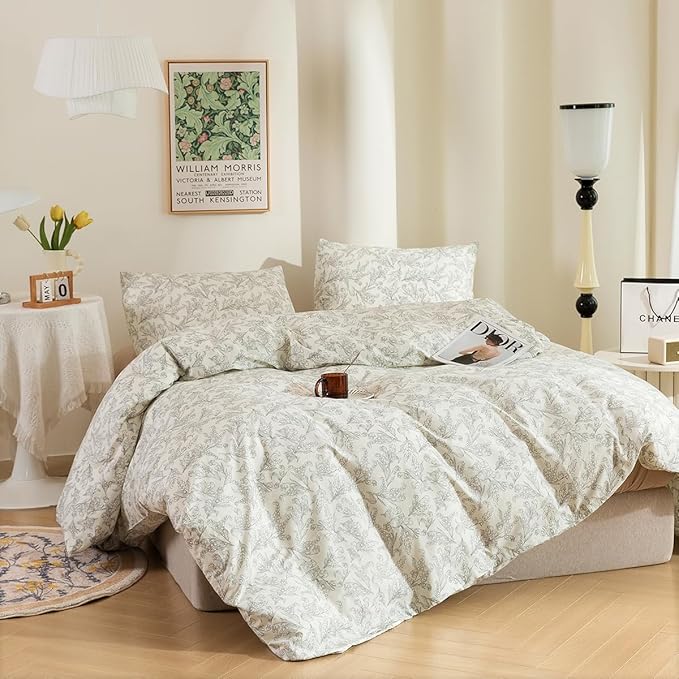 ECOCOTT Duvet Cover Queen Size Vintage Floral Pattern Duvet Cover Set, Ultra Soft & Breathable Comforter Cover with Zipper Closure 4 Ties Bedding Set