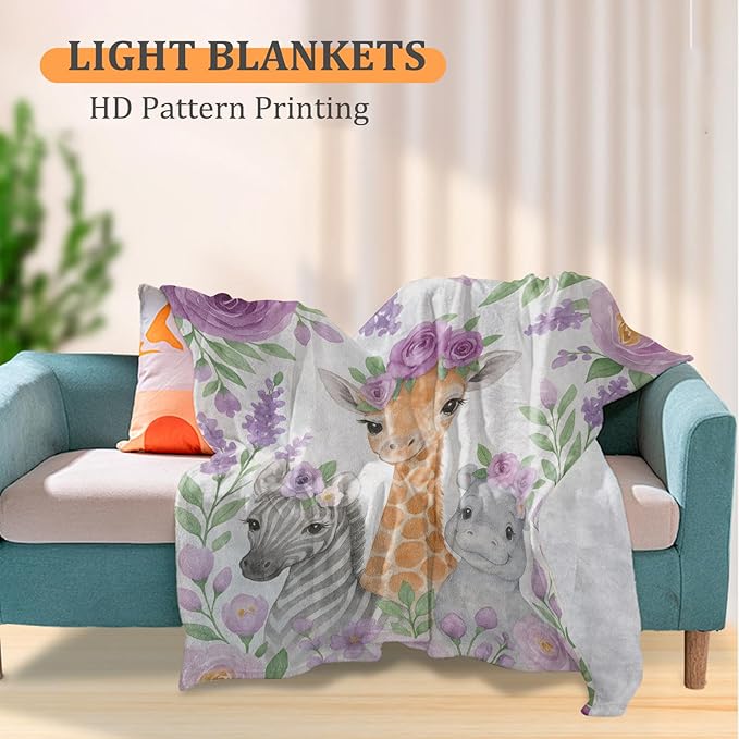 Cute Giraffe, Hippo and Zebra Blanket, Watercolor Floral 50 x 40 Inch Flannel Throw Blanket, Gifts for Women Kids, Lightweight Cozy Warm Blankets for Sofa Travel Home Decor