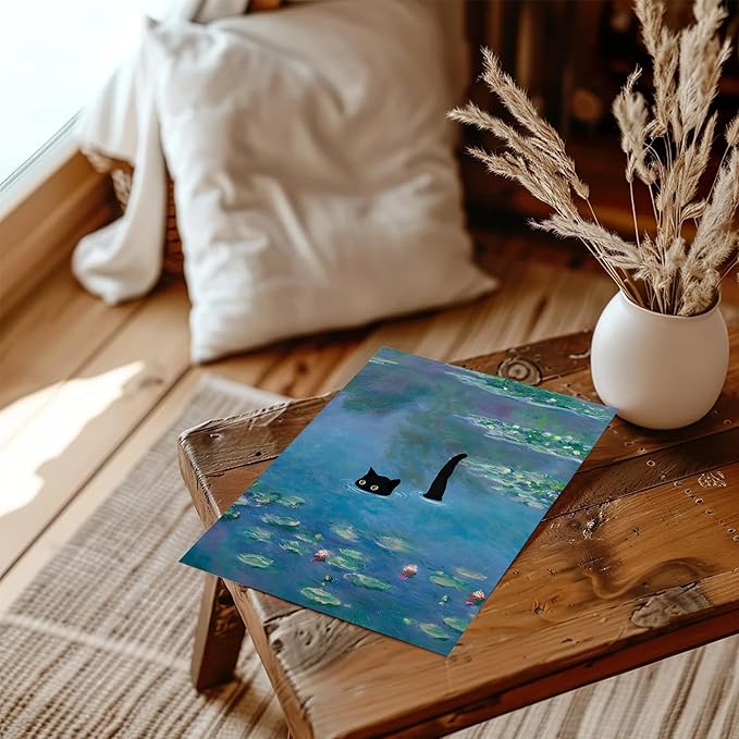 XOCUUI Cat Wall Art Monet Prints Vintage Canvas Wall Art Funny Cat in Water Lilies Posters for Room Bedroom Living Room Bathroom Wall Decor Aesthetic 8" x 10"