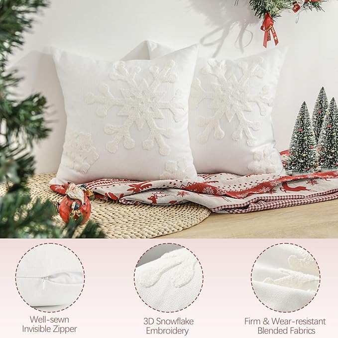 Lewondr Christmas Throw Pillow Cover, 2 Pack Snowflake Embroidery Decorative Throw Pillow Case Linen Sofa Cushion Cover for Party Thanksgiving Day Xmas Decor 16"x16"(40x40cm) - White