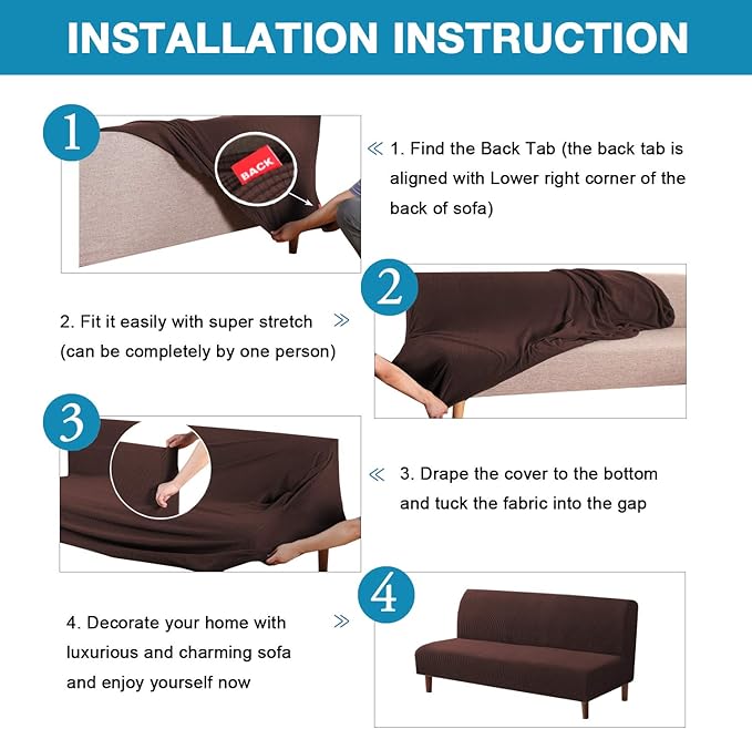 Flamingo P Stretch Armless Futon Covers Full Queen Futon Couch Covers Slipcover Futon Sofa Cover Futon Bed Cover Furniture Protector Covers with Elastic Bottom, Soft Thick Jacquard Washable, Brown