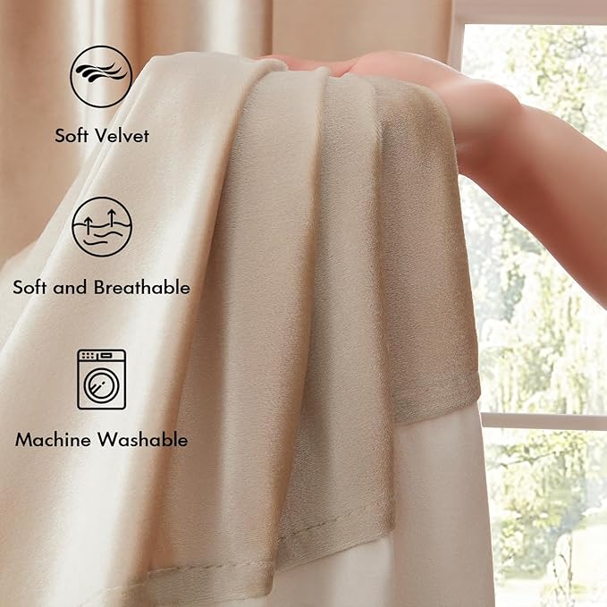 Velvet Curtains 96 inches Long for Living Room Champagne Ivory,2 Panels Blackout Curtains Modern Color Block Back Tab Rod Pocket Soundproof Drapes for Bedroom Window Decor