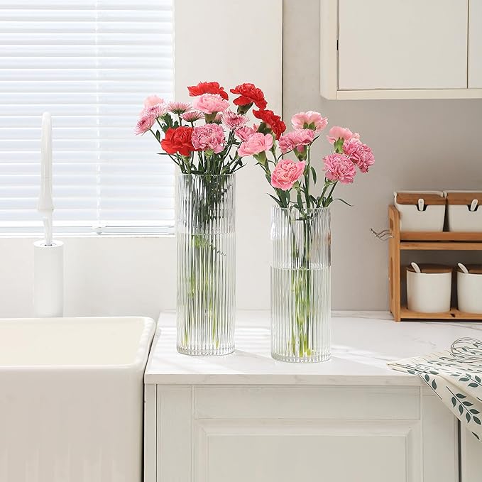 Clear Glass Vases, Glass Flower Vases Set of 2, Ribbed Glass Vases, Clear Vase, Tall Cylinder Vase for Centerpieces, Living Room, Bedroom, Dining Table, Office, Wedding, Bookshelf