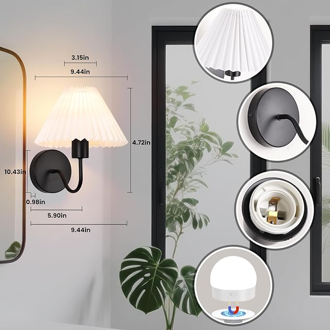 Rechargeable Battery Operated Wall Sconces Set of 2,Black Wall Lights with Remote,Dimmable Wall Lamp with Pleated Shades,15 Colors Wireless Bathroom Vanity Wall Light for Bedroom Living Room Hallway