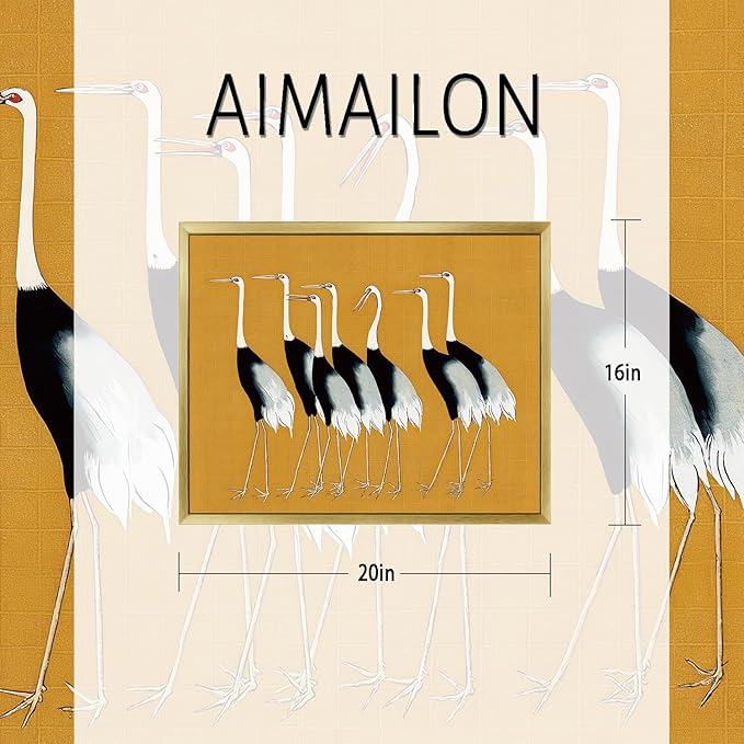 AIMAILON Vintage Gold Canvas Wall Art Framed Decor Animal Theme Artwork Elegance Groups of Red Crowned Crane Print Retro Picture Home Decoration for Study Room Bedroom Office 16x20
