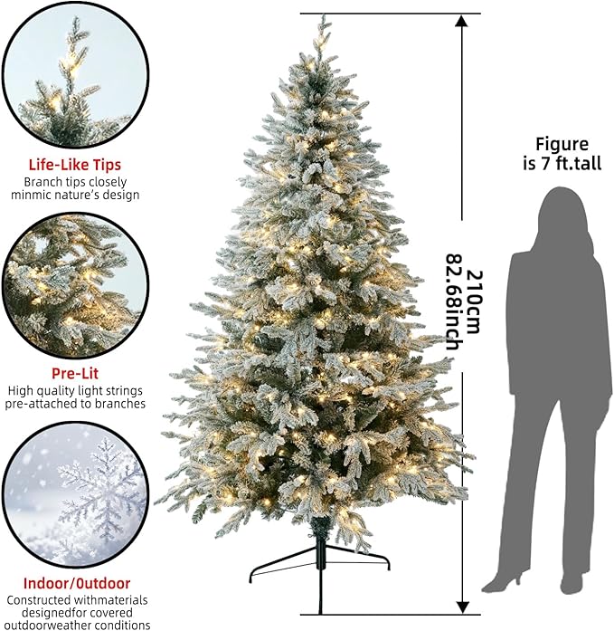 7ft Snow Flocked Prelit Christmas Tree Decorations with 300 Dual-Color LED Lights, Lighted Artificial White Xmas Tree for Indoor Decor,Living Room with 1878 Tips, Metal Stand,Plug-in