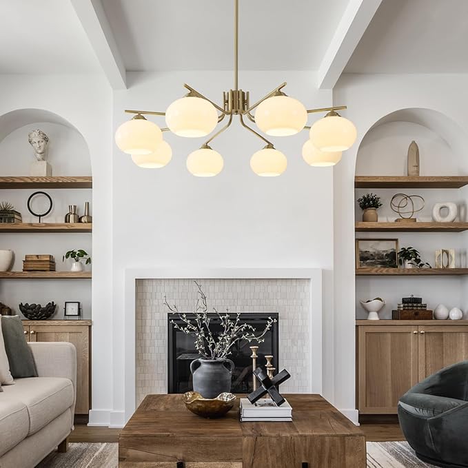 KCO Lighting 8-Lights White Glass Globe Sputnik Chandelier Mid Century Modern Gold Semi Flush Mount Ceiling Light Sputnik Chandeliers Milk Glass Ball Chandelier Kitchen Island