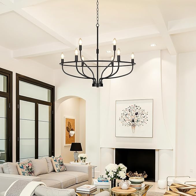 30" Black Chandelier, 9-Light Modern Farmhouse Chandelier for Dining Room Lighting Fixtures Hanging, Candle Chandelier Light for Living Room, Kitchen Island, Bedroom, E12(Bulbs Not Included)