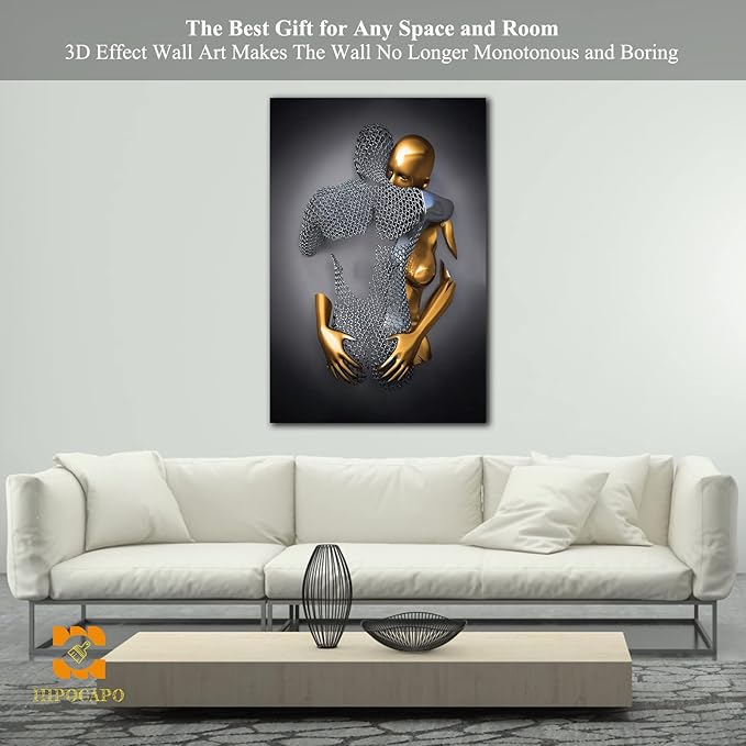 3D Metal Effect Wall Art - 3D Metal Canvas Art, 3D Metal Canvas Art 3D Canvas Art Wall Decor for Modern Living Room, Framed Romantic Couple Living Room Canvas Wall Art 28”x40”x1Pcs