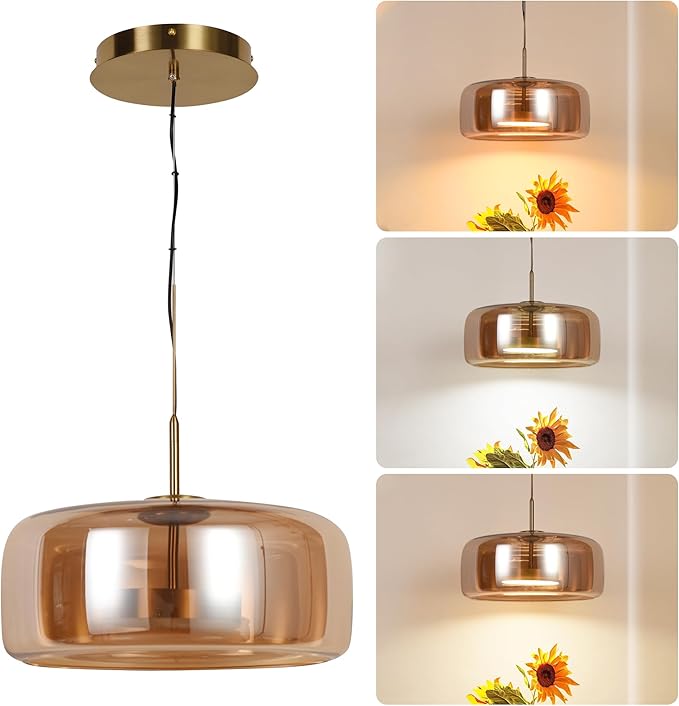 Modern Glass LED Pendant Light with Remote,15'' Stepless Dimmable & CCT Adjustable Hanging Height, 25W Modern Gold Finish for Dining Room, Living Room, Bedroom,Amber
